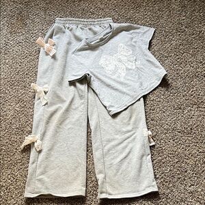 Gray Loungewear Set with Bow Accents